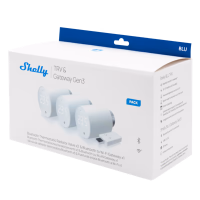 Shelly BLU TRV 3-pack: 3 capete termostatice + BLU Gateway Gen3 - packaging