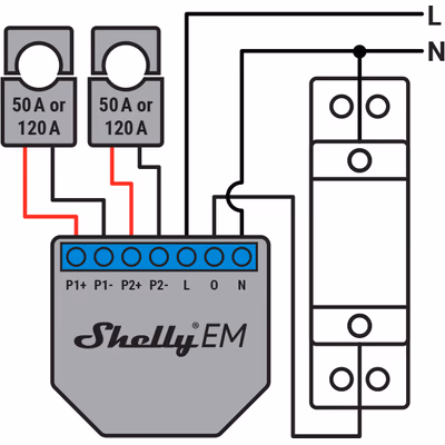 Shelly EM + clema CT 50A - contor de energie WiFi 2 canale - technical