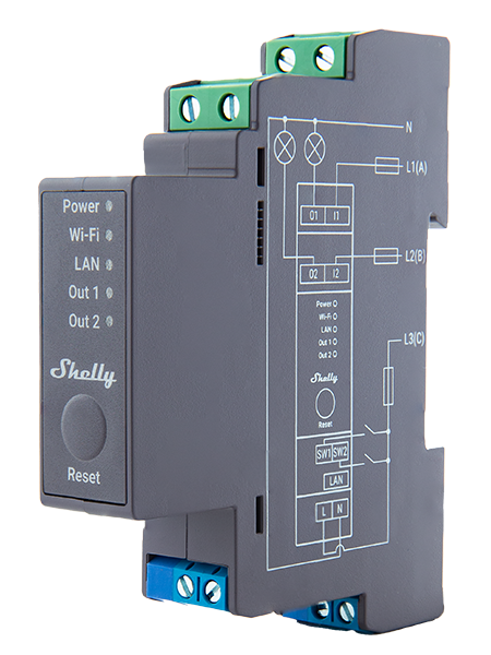 Shelly Pro 2 - releu inteligent pe sina DIN, 2 canale, contacte uscate - main