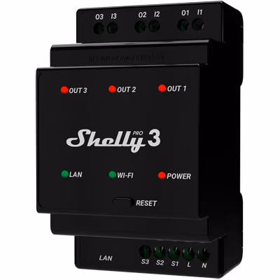 Shelly Pro 3 — releu pe trei canale pe sina DIN 3×16 A cu Ethernet, Wi-Fi si Bluetooth - main