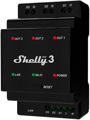 Shelly Pro 3 — releu pe trei canale pe sina DIN 3×16 A cu Ethernet, Wi-Fi si Bluetooth - main