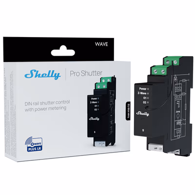 Shelly Wave Pro Shutter - controler Z-Wave pentru rulouri si jaluzele pe sina DIN - packaging