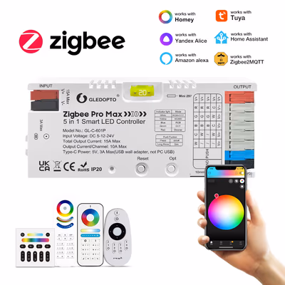 Gledopto GL-C-601P Zigbee Pro Max контроллер LED-лент 5в1 10А/канал