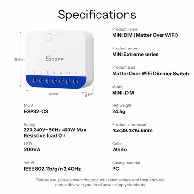 Sonoff MINI-DIM variator Matter Wi-Fi încastrabil în doza întrerupătorului - specs