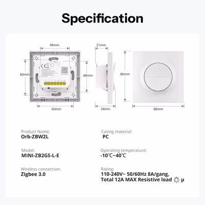 Sonoff MINI-ZB2GS-L-E Orb-ZBW2L Zigbee выключатель 2 клавиши без нуля