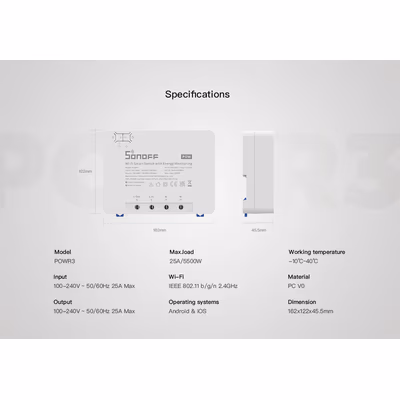 Sonoff POWR3 Wi-Fi реле 25 А / 5500 Вт с учётом электроэнергии