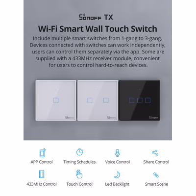 Sonoff TX T3EU2C сенсорный Wi-Fi выключатель, 2 клавиши, чёрный