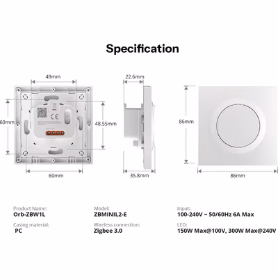 Sonoff ZBMINIL2-E настенный выключатель Zigbee 3.0 без нуля, одна клавиша