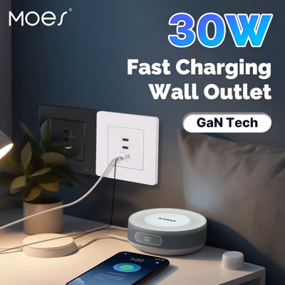 Moes Star Ring зарядка GaN 65 Вт в розетку, 2×USB-C + USB-A, серая