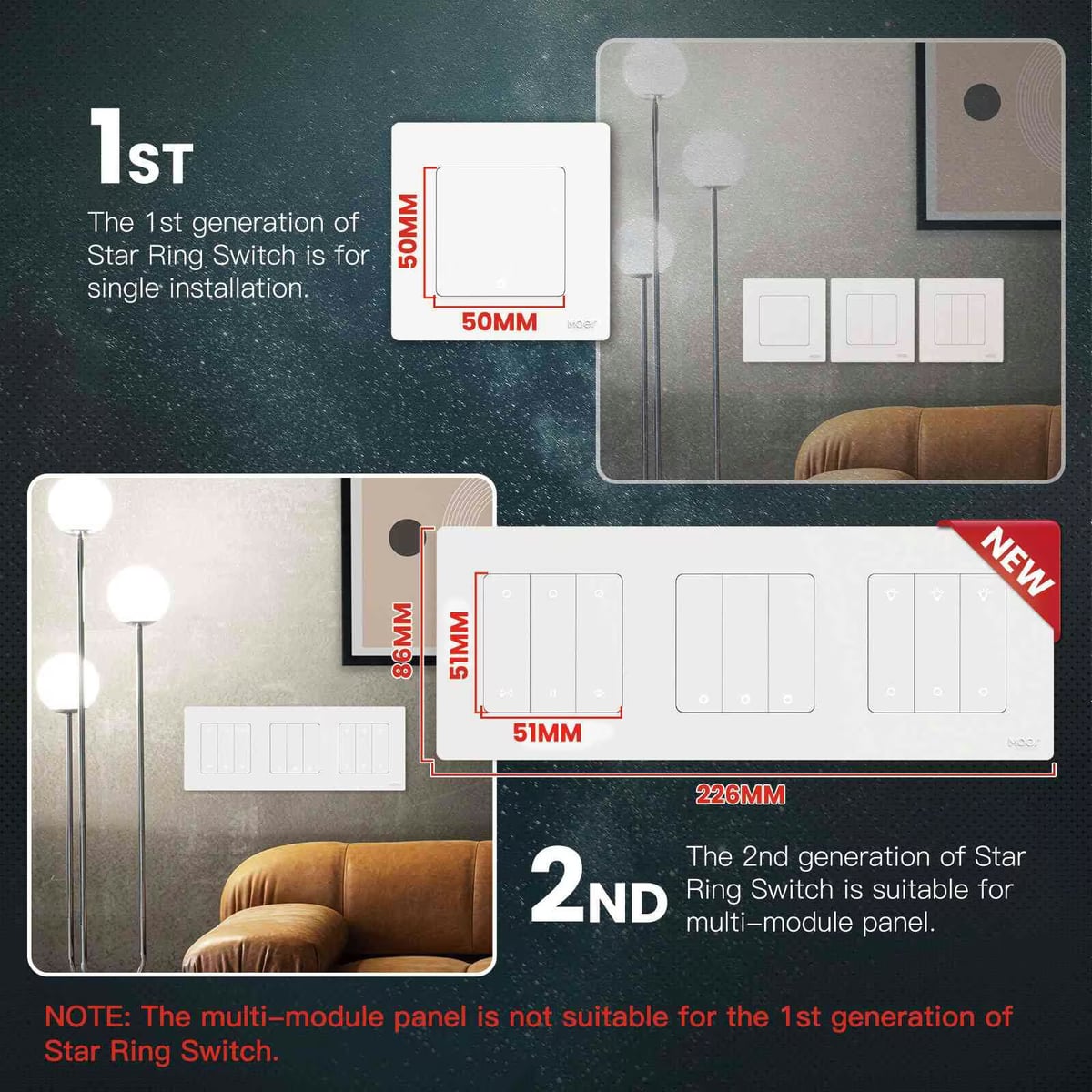Moes Star Ring ZS-SR-EU2 выключатель Zigbee, 2 клавиши, ноль опционально, серый