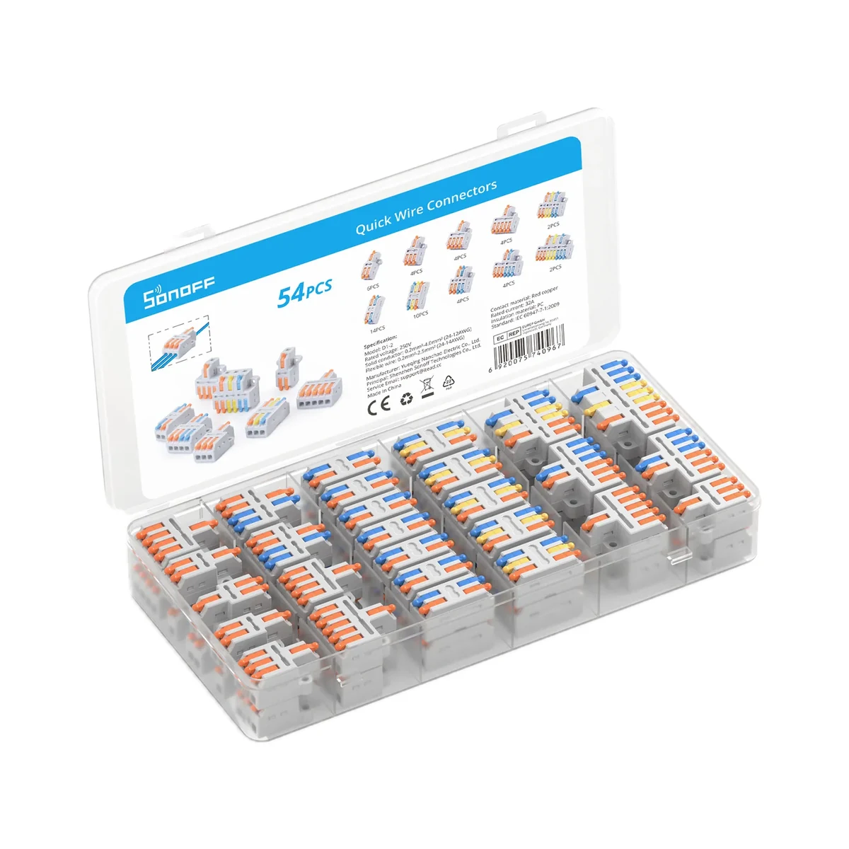 Sonoff D1-2 set de conectori cu manetă pentru fire, 54 buc. (10 tipuri), 32 A