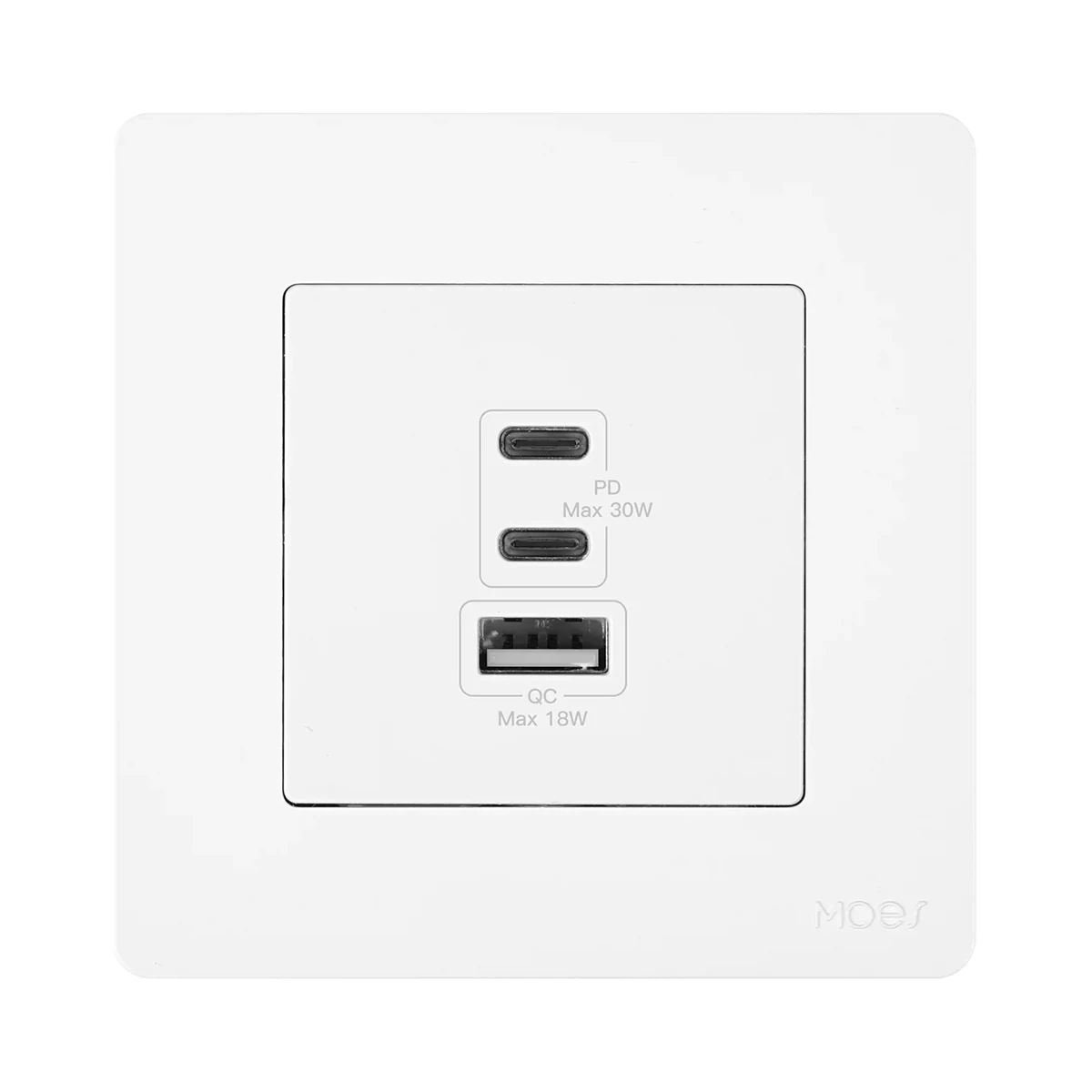 Foto de la producător (serie): Moes Star Ring PD-SR-EU-L priză USB încastrată GaN 30 W, 2×USB-C + USB-A, albă