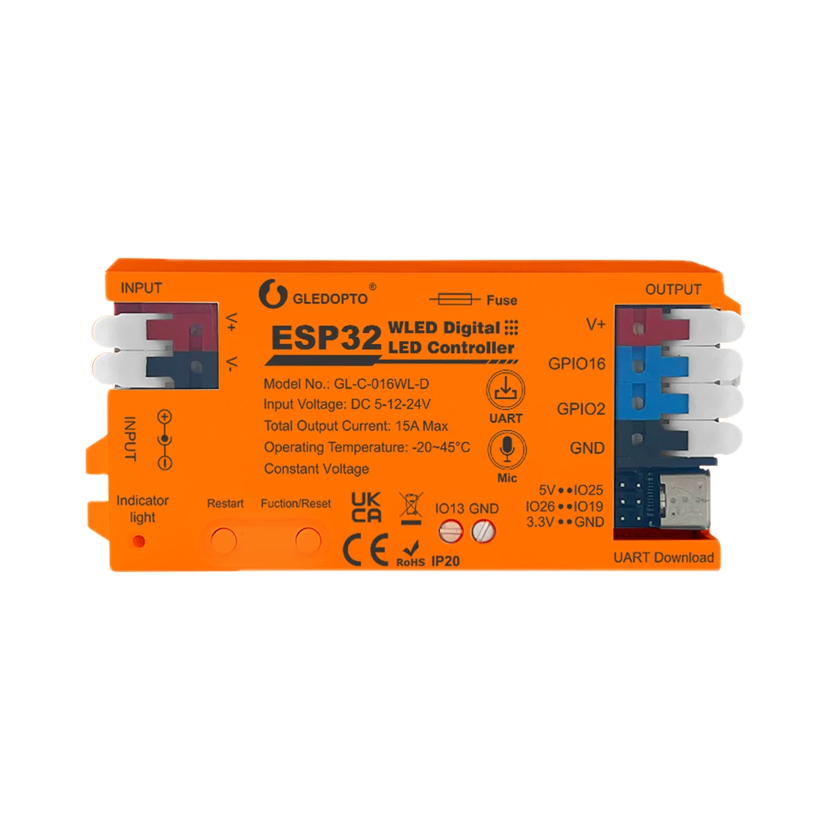 Gledopto GL-C-016WL-D controler ESP32 WLED pentru benzi adresabile, microfon, 2 ieșiri, 5–24 V
