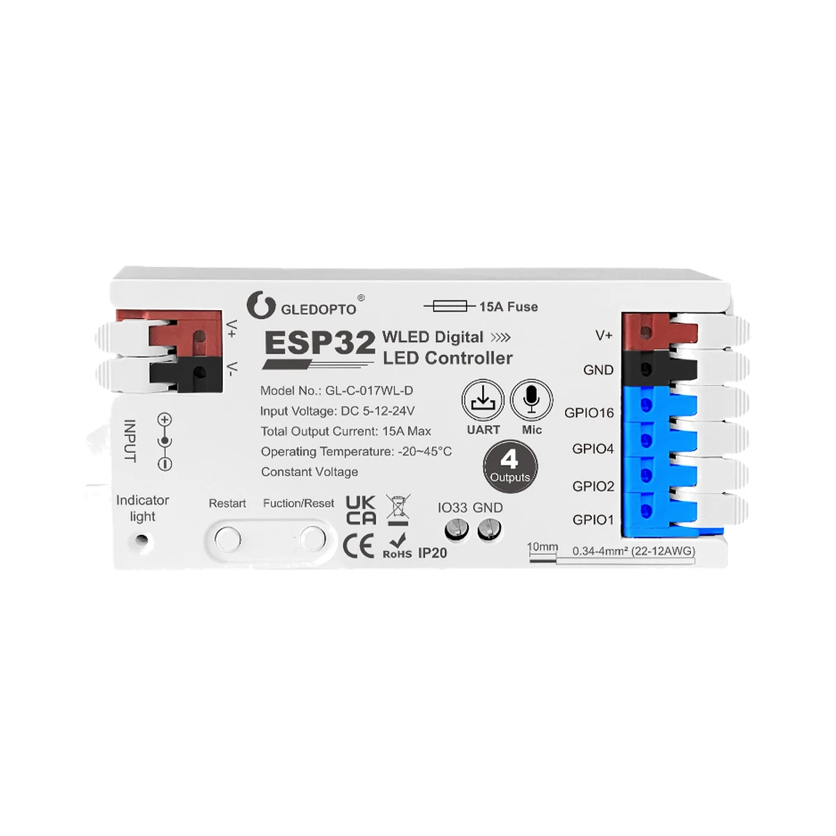 Gledopto GL-C-017WL-D controler ESP32 WLED pentru LED adresabil, 4 ieșiri, UART