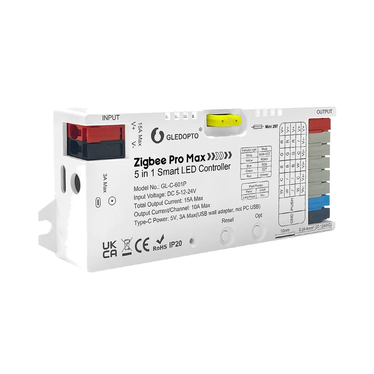Gledopto GL-C-601P Zigbee Pro Max controler bandă LED 5în1 10A/canal