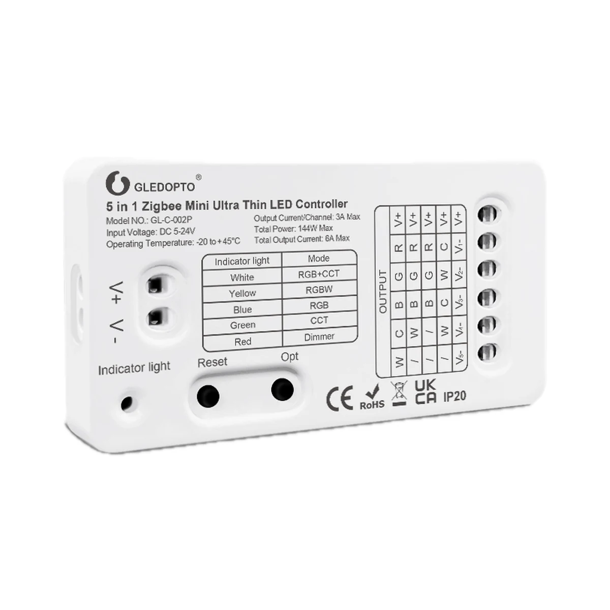 Gledopto GL-C-002P 6A controler bandă LED Zigbee 5-în-1 ultra-subțire, 6 A/canal, 6 A total