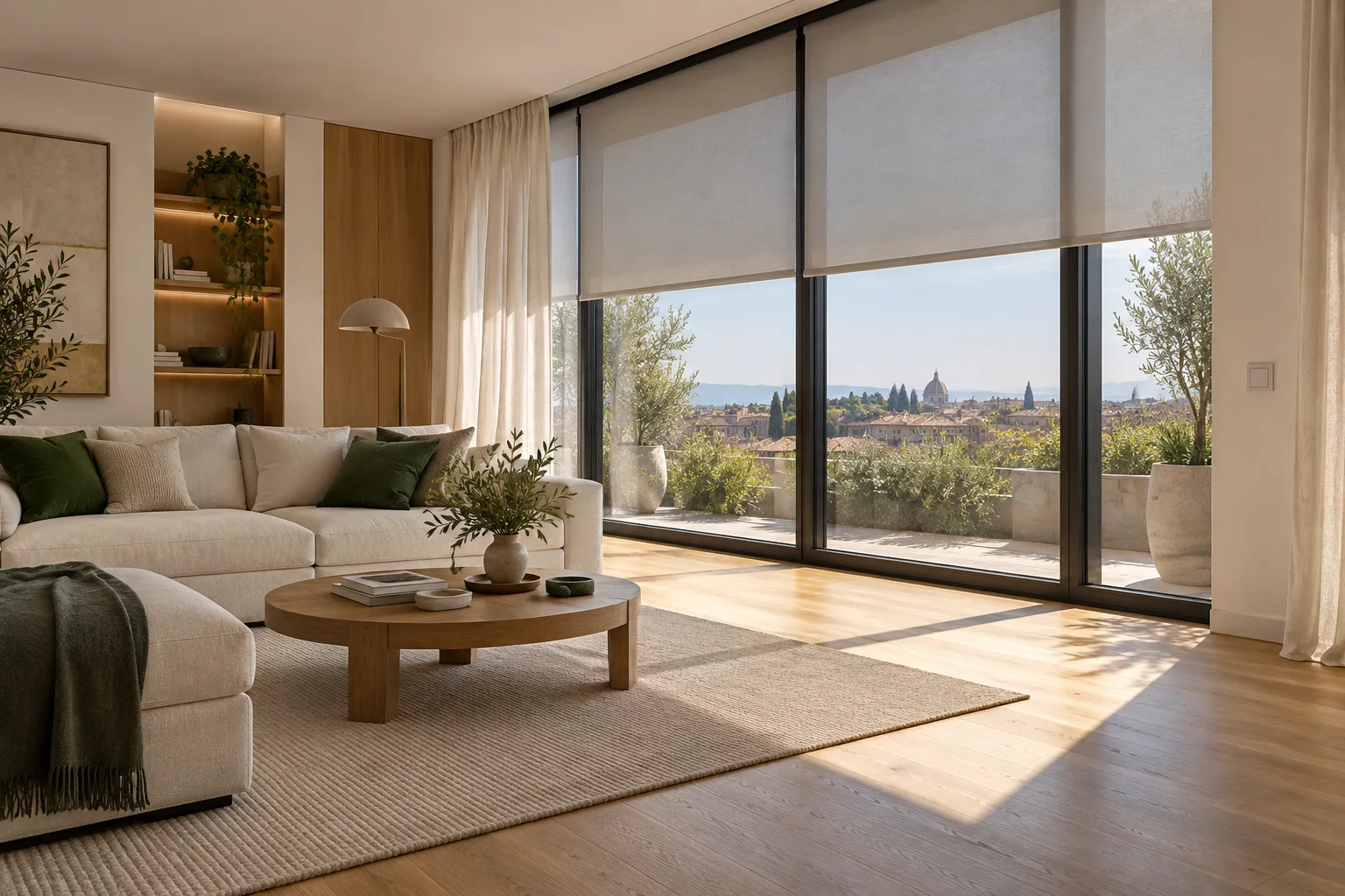 Living cu rulouri textile la ferestrele panoramice
