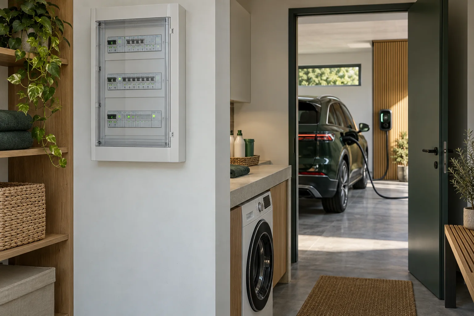 Tablou electric, mașină de spălat și un automobil electric la încărcare în garaj
