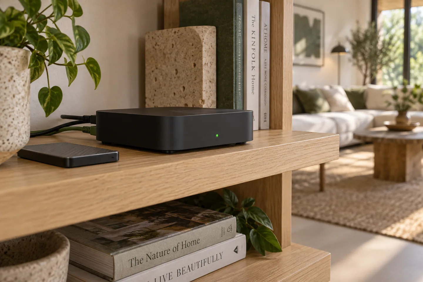 Hub smart home pe un raft în living
