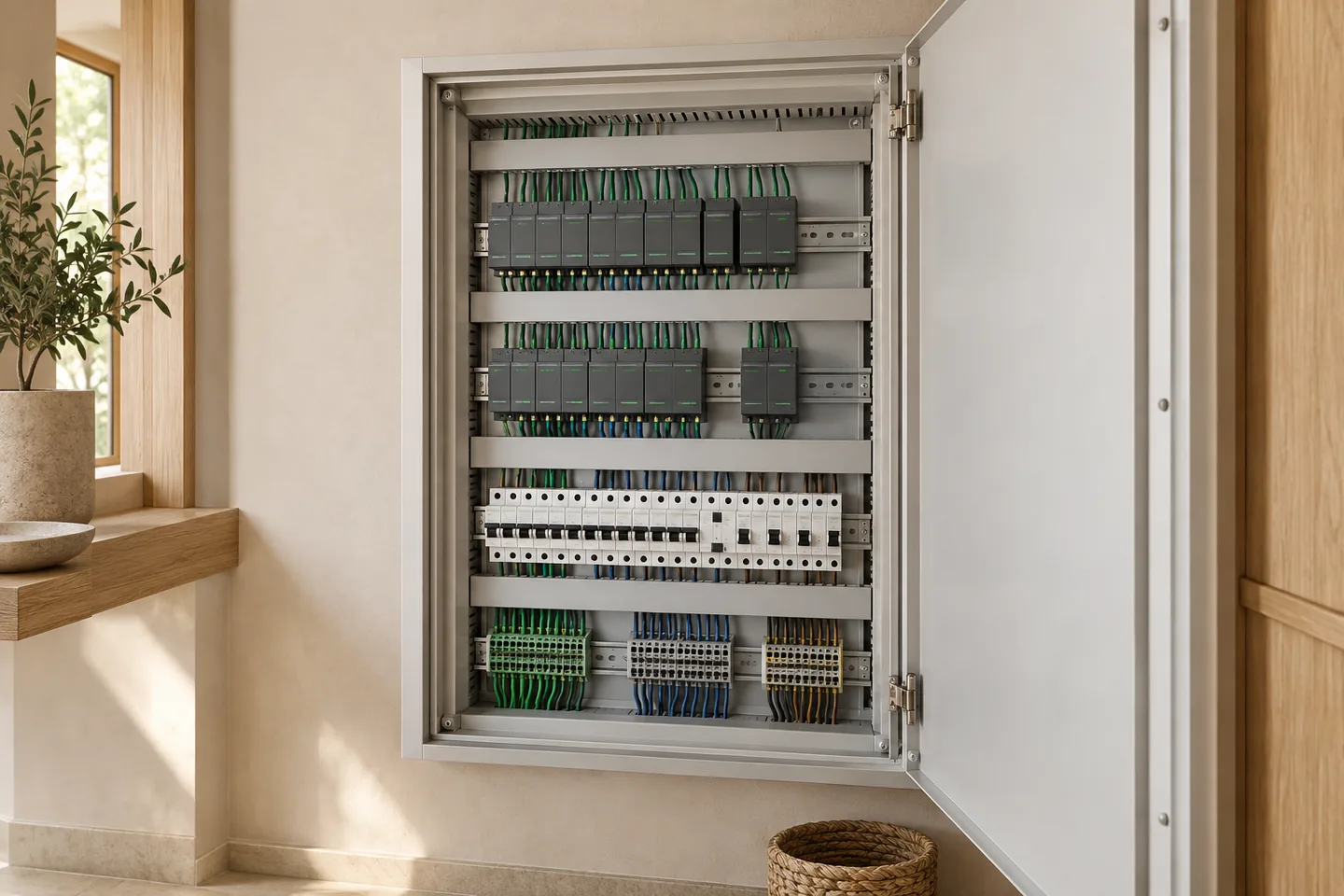 Tablou electric deschis cu module de control și siguranțe automate