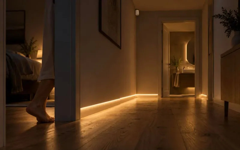Hol noaptea: lumină blândă aprinsă la nivelul podelei