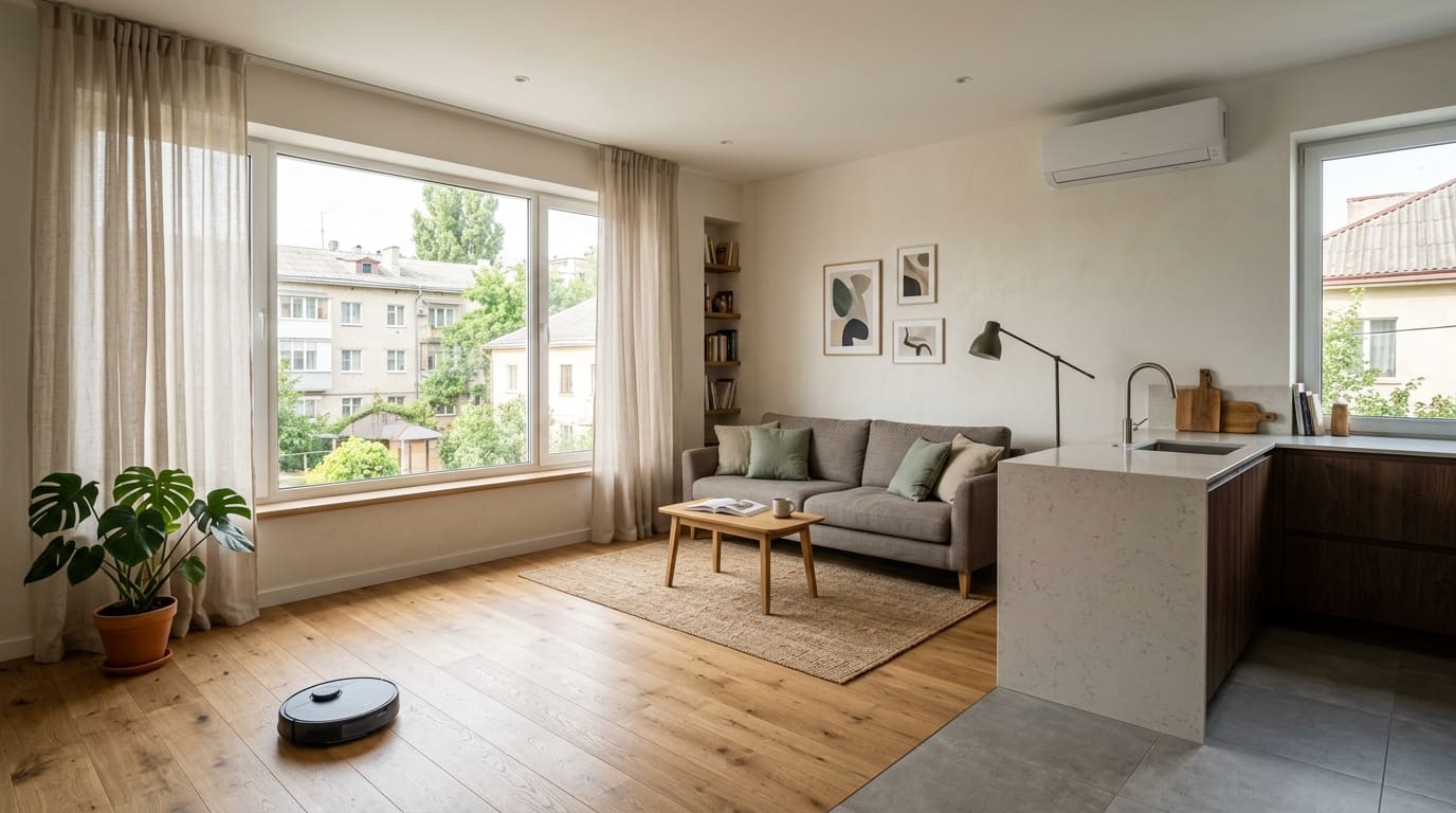 Concept visualization — bright apartment living room with discreet CasaSmart automations — Air quality