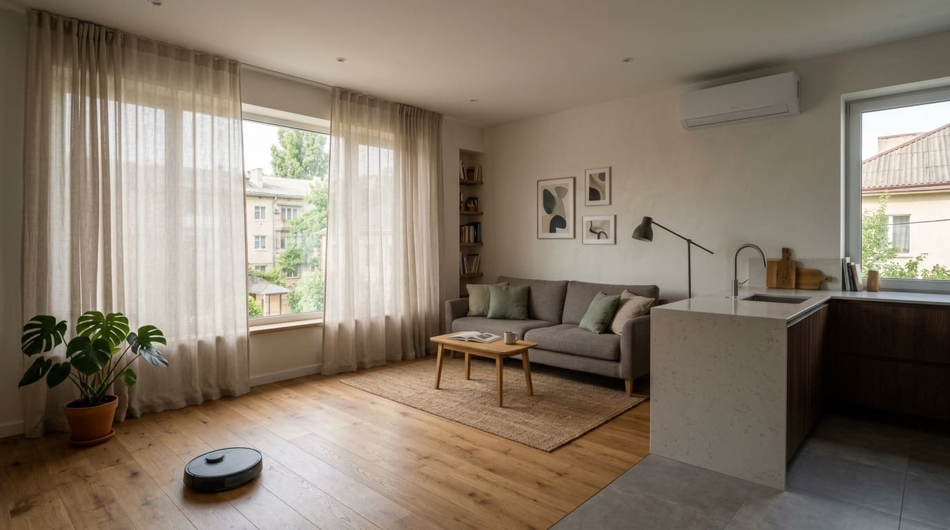 Concept visualization — bright apartment living room with discreet CasaSmart automations — Leaving home
