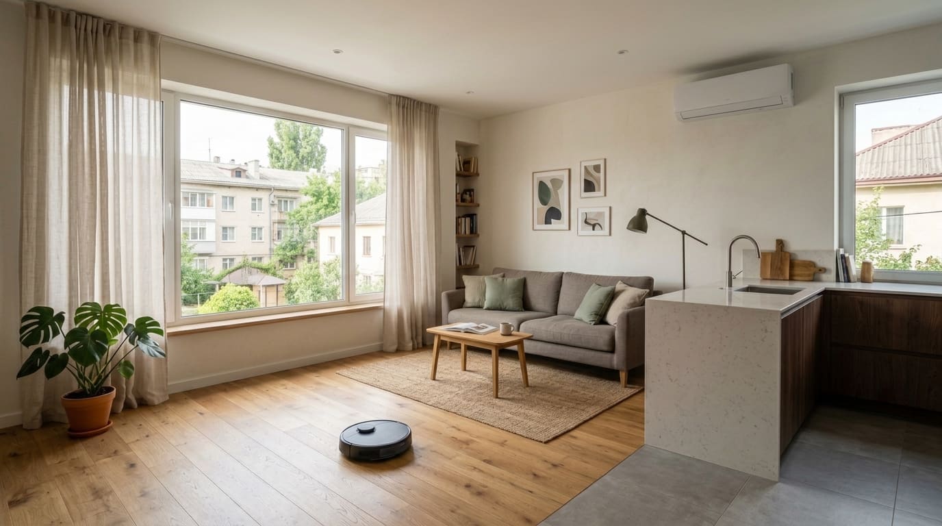 Concept visualization — bright apartment living room with discreet CasaSmart automations — Cleaning