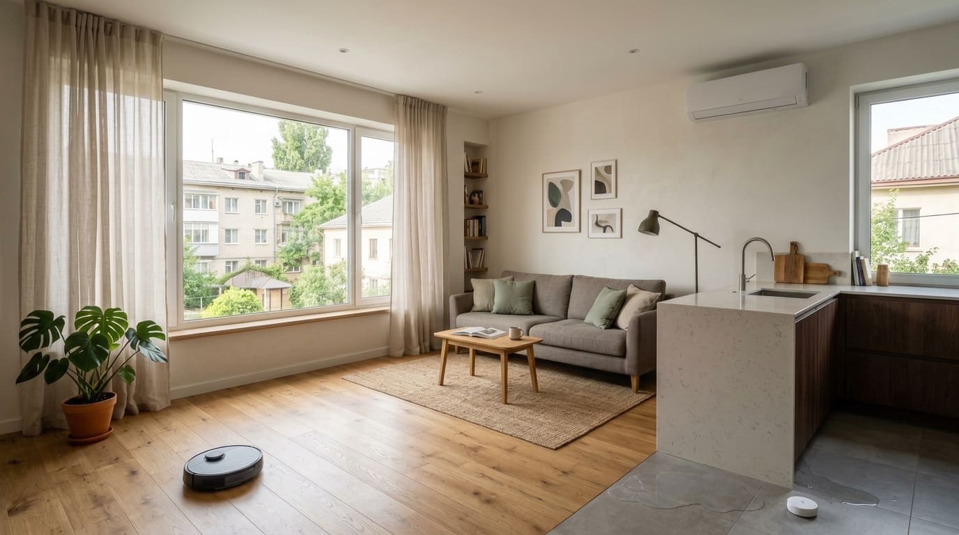 Concept visualization — bright apartment living room with discreet CasaSmart automations — Leak protection