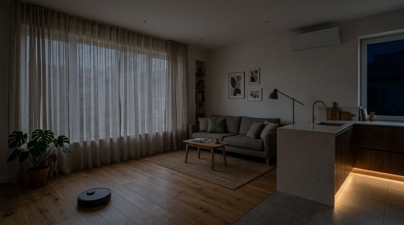 Concept visualization — bright apartment living room with discreet CasaSmart automations — Night mode