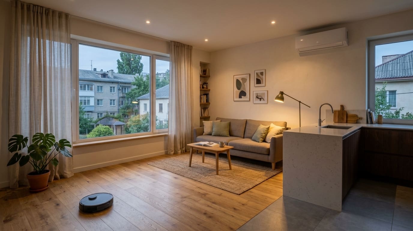 Concept visualization — bright apartment living room with discreet CasaSmart automations — Coming home